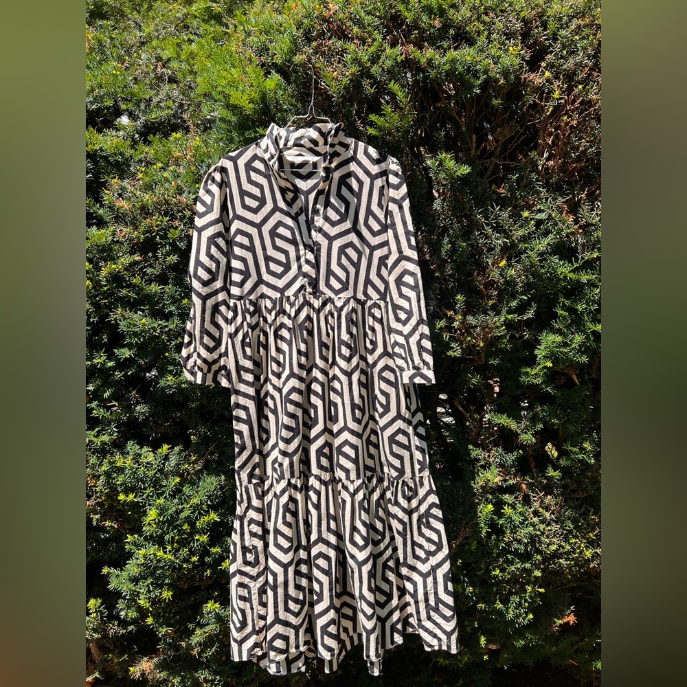 Zara Black and White Mock Neck Bishop Sleeve Dress